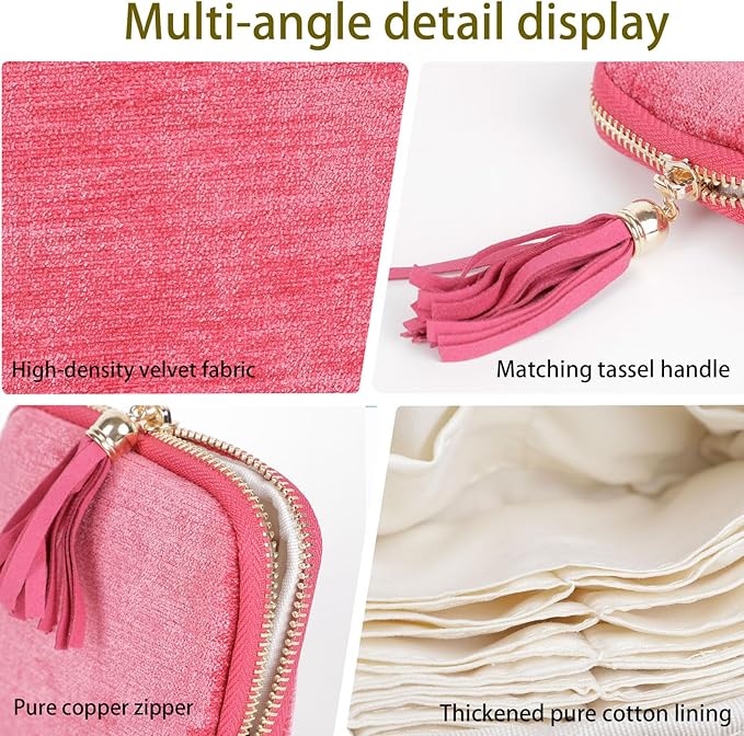 ASINGYER Travel Jewelry Storage Bag for Women, Velvet Portable Jewelry Organizer with Tassel Zipper, Small Pouches for Bracelets Necklaces Rings Earrings, Wedding Gift for Women (hot pink)