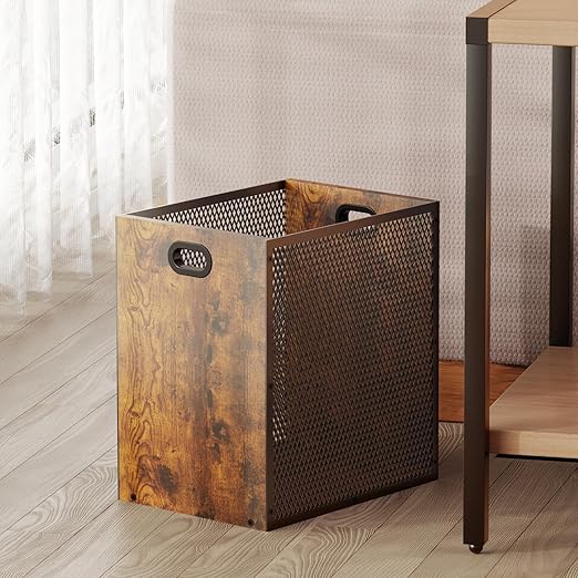 Huxitocan Retro Office Trash Can, Iron and Wood Combination Bedroom Garbage Can, Rectangular Design Wastebasket with Handle, Industrial Style Trash Can for Home Office, 4.5 Gallon (Patent Pending)