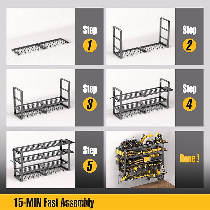 Spampur 420LB Capacity Power Tool Organizer with Charging Station & 6 Outlets | Quick Assembly 4-Layer Heavy Duty Rack for Drills & Batteries | Ultimate Garage Storage & Christmas Gift for Men