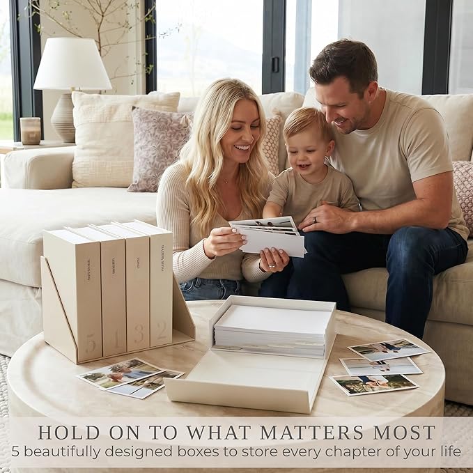 ZICOTO Decorative Photo Storage Box Set of 5 - Sturdy Photo Organizer Boxes with Dividers and Pre-Printed Labels to Keep Your Precious 4x6 Pictures Beautifully Organized on Your Shelf