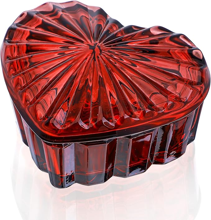 kanpura Crystal Glass Heart-Shaped Jewelry Box,Candy Box with Lid,Women's Covered Earrings Necklace Chest Trinket Storage Box, Glass Jar Christmas Gifts for Women and Girls(Burgundy)