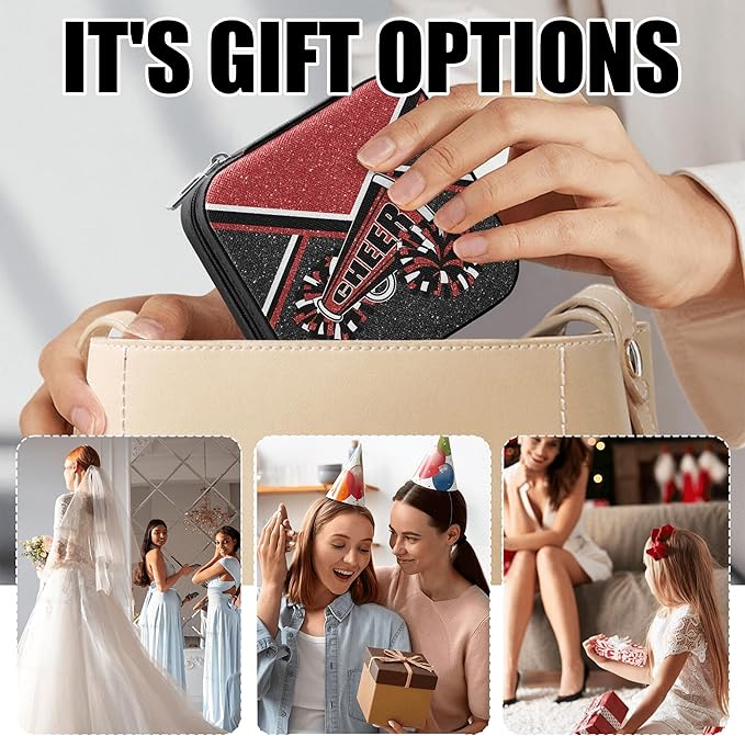 Cheerleader Jewelry Case, Mini Travel Box for Women, Cheer Team Gifts for Girls (Winered)