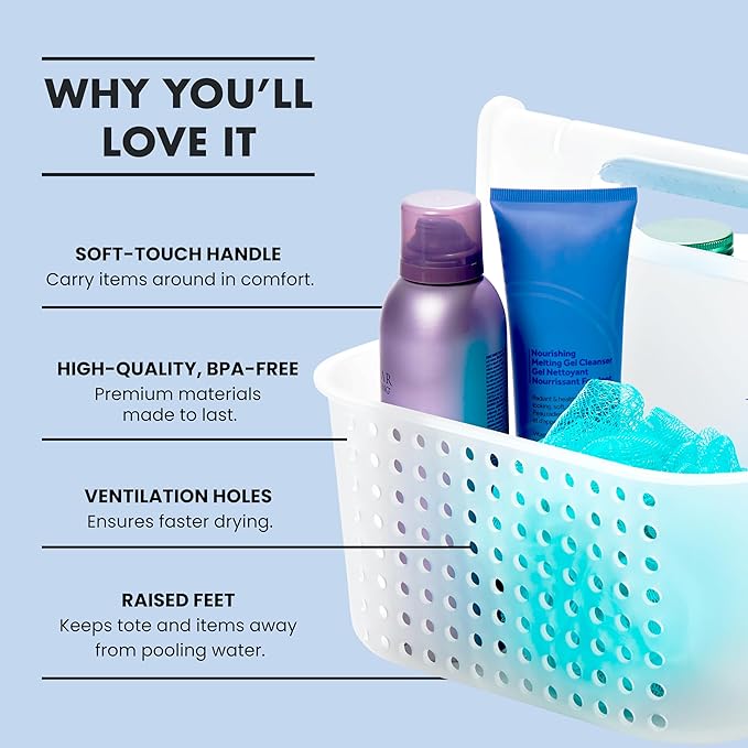 madesmart Large Portable Shower Caddy, Hold Soap, Shampoo, Hair Supplies and Beauty Products, Cleaning Supplies Organizer for Home, Dorm, Plastic Shower Tote, Soft Handle, Blue
