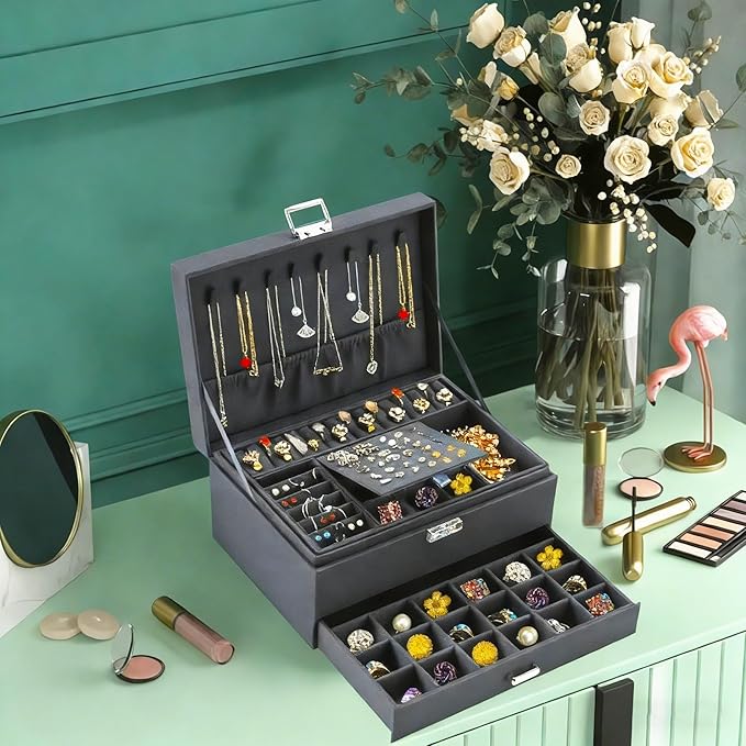 QBestry 3-Layer Jewelry Box for Women with Lock and Key & Drawer, Large Jewelry Organizer with 8 Necklace Hooks & 56 Earring Holes, Grey Velvet Jewelry Storage Box for Necklaces Earrings Ring Bracelet
