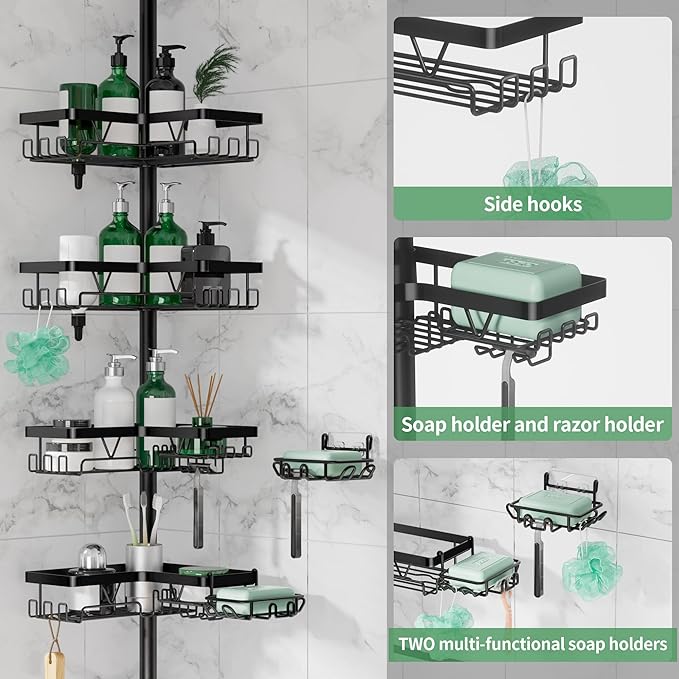DAOYA Tension Pole Shower Caddy, 4-Tier Stainless Steel Shower Organizer with 2 Removable Soap Holders, 25 to 114.2 Inches, for Bathtub/Bathroom Corner, Renters Friendly, Black