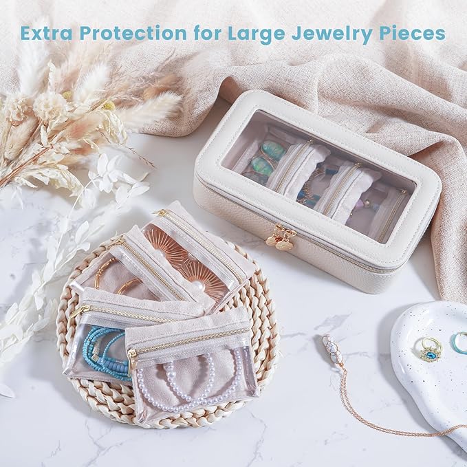 Lolalet 8 in 1 Travel Jewelry Case with Velvet Pouches, Clear Window Travel Jewelry Organizer Bags for Earrings, Bracelets, Necklaces and Rings, Compact Jewelry Storage for Women Girls -Beige, 7PCS