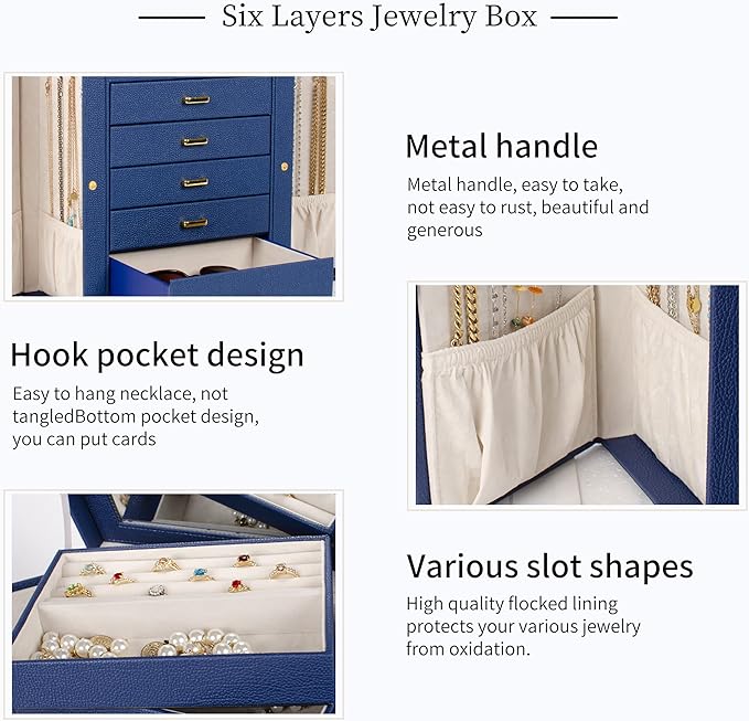 AKOZLIN Large Jewelry Box Organizer Functional with Big Mirror, Leather Jewelry Storage Case for Women Girls Ring Necklace Earring Bracelet Holder Organizer Blue