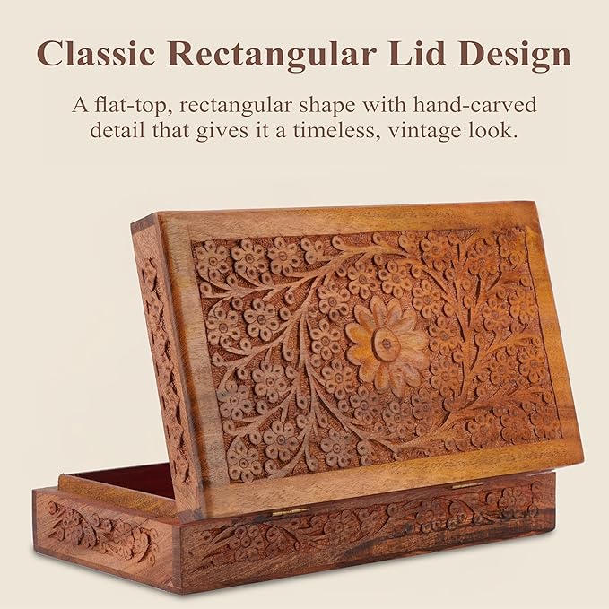 Ajuny Wooden Handcarved Decorative Jewelry Storage Box Flower Design Multipurpose Treasure Chest Keepsake Organizer Necklaces Watch Boxes Great for Gifts 10x6 Inch