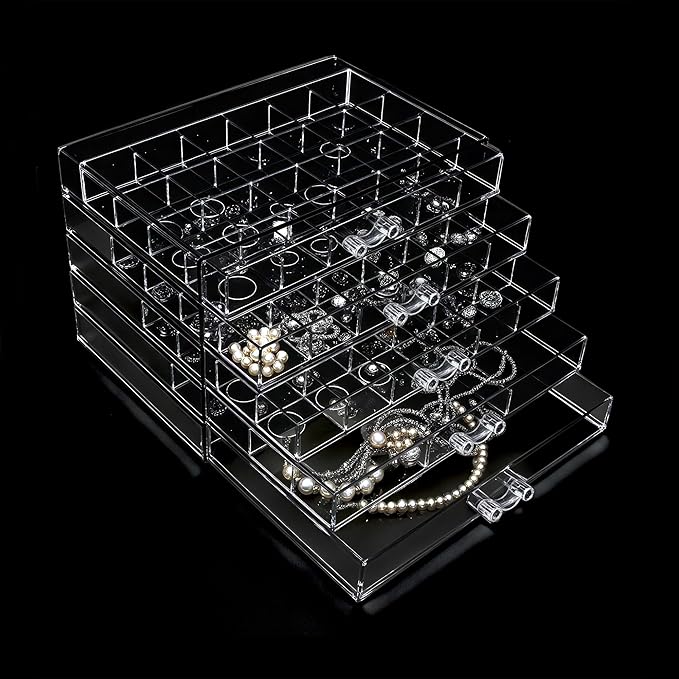 Clear Jewelry Box, Jewelry Organizer with 5 Drawers, 5-Layer Acrylic Storage Box for Women, Earring Display Holder for Earrings Ring Bracelet Necklace 79 Grid Compartment Earring Organizer