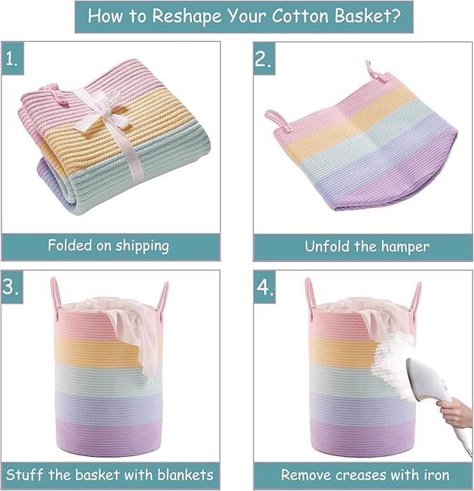 80L Extra Large Rainbow Laundry Hamper for Baby Girls Clothes Tall Woven Laundry Basket for Kids Nursery Toy in Playroom Blanket Basket for Living Room Bedroom 16"D x 22"H Pastel Unicorn