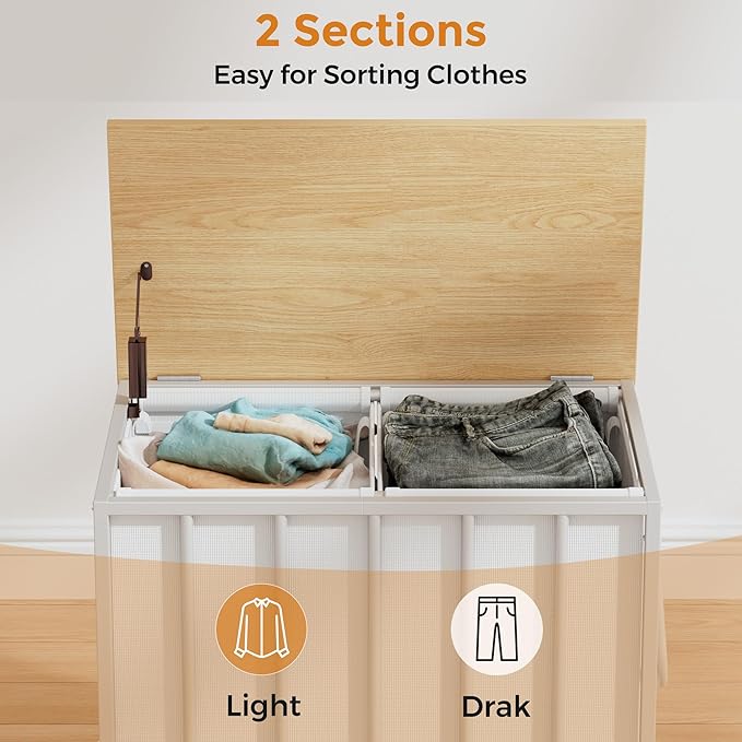 120L Laundry Hamper with Wheels and Lid, Rolling Laundry Basket with Dual Removable Liners, Soft-Close Flip-Top Wooden Lid, Metal Handles, Clothes Organizer for Bedroom and Laundry Room