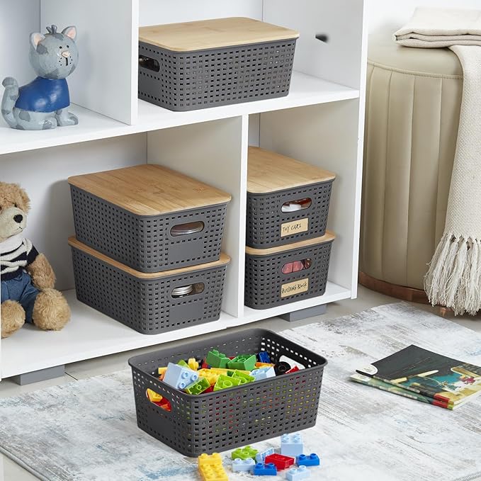 Bagnizer Small Plastic Storage Bins with Bamboo Lids 5.2qt Stackable Box Basket Pantry Decorative Containers Cute with Label for Organizing Desktop Closet Office Gray of 6 packs 10 * 7.2 * 4.1"