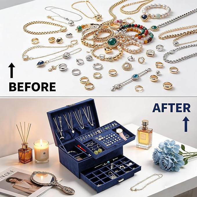 Jewelry Organizer Box for Women Girls, VintageJewelry Box 3-Tier Jewelry Display Case and Organizer,Lockable Jewelry Display Case Anti Tarnish,Varying Compartments for Bracelets, Rings (Blue)