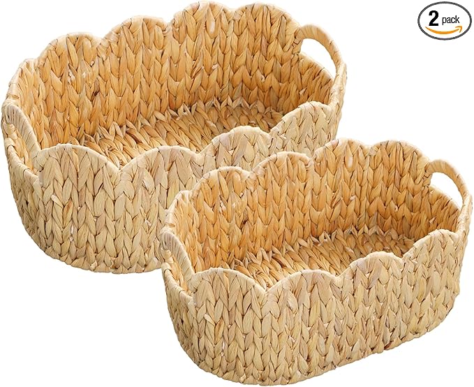 Coeusy Scalloped Basket Set of 2,Water Hyacinth Basket for Organizing and Decor,Hand-Woven Wicker Storage Baskets with Built-In Handles for Nursery,Gift,Laundry
