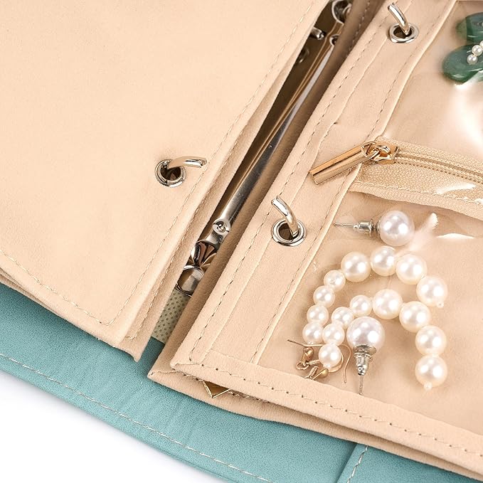 Travel Jewelry Binder Organizer Ring Binders - Jewelry Boxes PU Leather Case with Zipper Velvet Jewelry Pouch Bags for Daily Use & Gifting - Mint Green