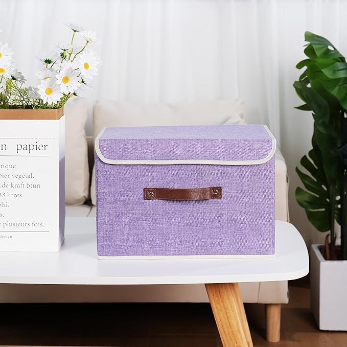 ANMINY Storage Bin with Lid Storage Boxes with PU Leather Handles PP Plastic Board Decorative Foldable Lidded Cotton Linen Fabric Home Cubes Baskets Closet Organizer Container - Purple, Medium