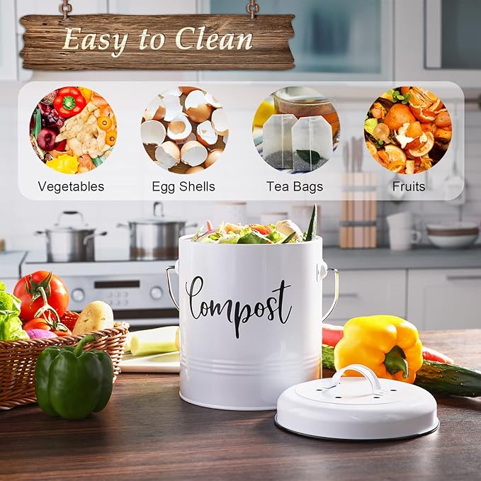DAYYET Compost Bin Kitchen, 1.3 Gallon Farmhouse Kitchen Compost Bin Countertop, Indoor Countertop Compost Bucket with Lid and Charcoal Filters, White
