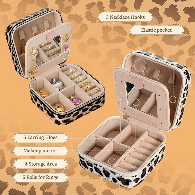 Nosiny 2 Pack Travel Jewelry Case with Mirror Small Laser Jewelry Box Organizer Gifts for Mother's Day Women Rings Earrings(Leopard Print)