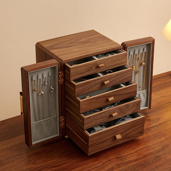 Black Walnut Wood Wooden Jewelry Box for Women, Large Velvet Lined Jewelry Organizer with 5 Drawers & Brass Feet, Earring Jewelry Box Organizer, Traditional Chinese Pattern Handles