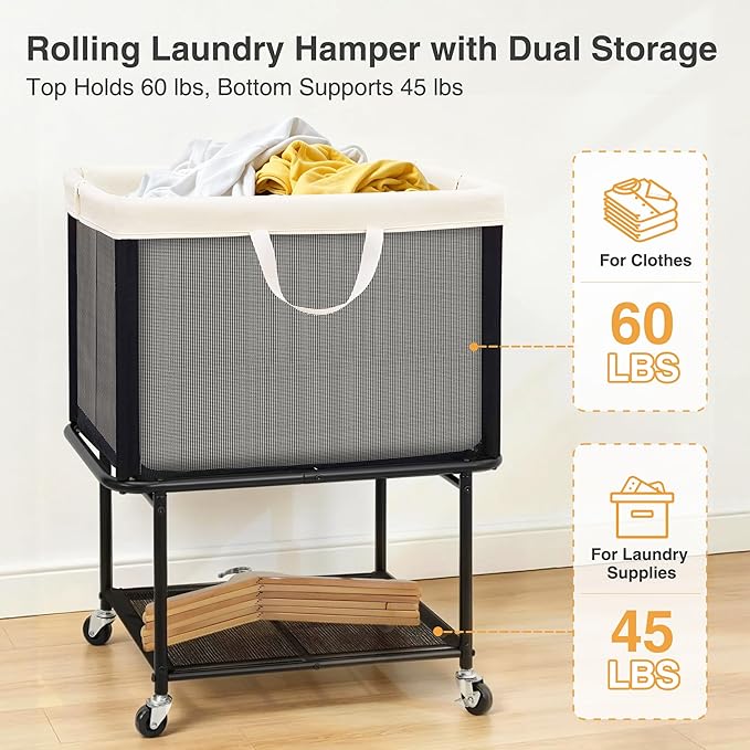 STO STO Rolling Laundry Hamper with Lockable Wheels, 29-Gallon (110L) Laundry Cart with Removable Canvas Bag, 2-Tier Clothes Basket Hamper with Shelf for Closet, Bedroom, Bathroom, Laundry Room