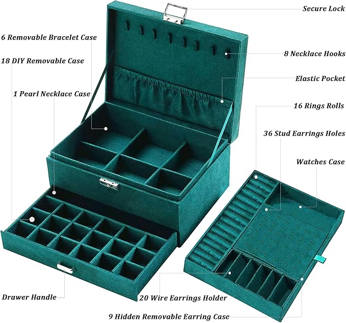 QBestry Jewelry Box for Women with Drawer, 3-Layer Large Jewelry Organizer with Lock & Key, 8 Necklace Hooks & 56 Earring Holes, Green Velvet Jewelry Storage Box for Necklaces Earrings Rings Bracelets
