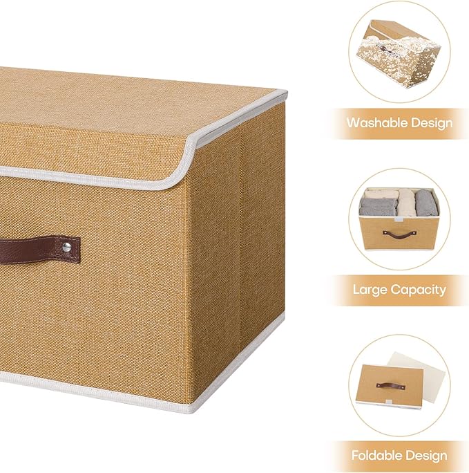 ANMINY Storage Bin with Lid Storage Boxes with PU Leather Handles PP Plastic Board Decorative Foldable Lidded Cotton Linen Fabric Home Cubes Baskets Closet Organizer Container - Khaki, Large Size