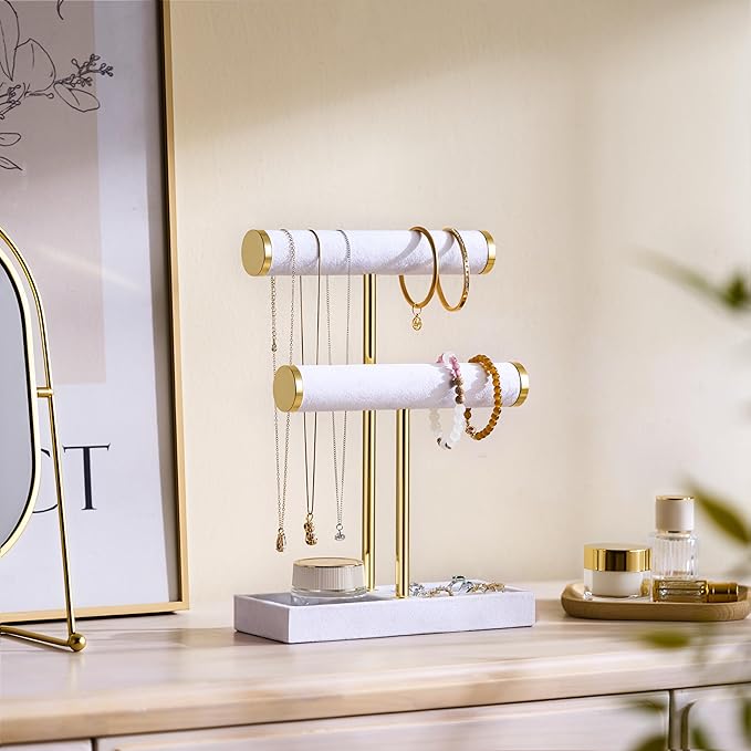 bussdis 2 Tier Bracelet Holder Display - Detachable T Bar White Velvet Bracelet Holder, Jewelry Holder Organizer for Bracelet, Necklace, Earrings, Rings