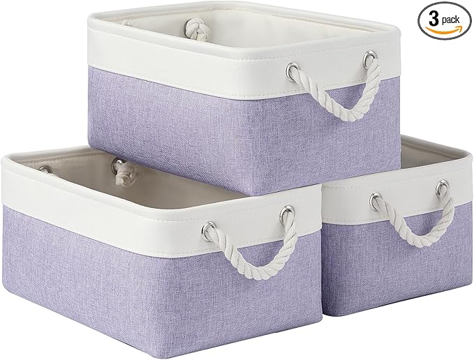 Storage Baskets for Shelves 13.8x9.8x6.7 Inch, Foldable Fabric Storage Bins with Handles, Small Storage Baskets for Organizing Closet, Office, Home Organization (3-Pack, White&Purple)