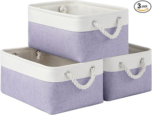 Storage Baskets for Shelves 13.8x9.8x6.7 Inch, Foldable Fabric Storage Bins with Handles, Small Storage Baskets for Organizing Closet, Office, Home Organization (3-Pack, White&Purple)