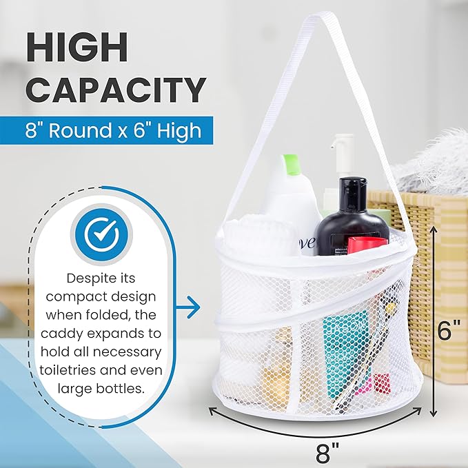 Handy Laundry Portable Shower Caddy – Collapsible Mesh Organizer with Handle, Quick Dry Drainage, Large Compartments for Dorm, Gym, Travel, College Essentials, White
