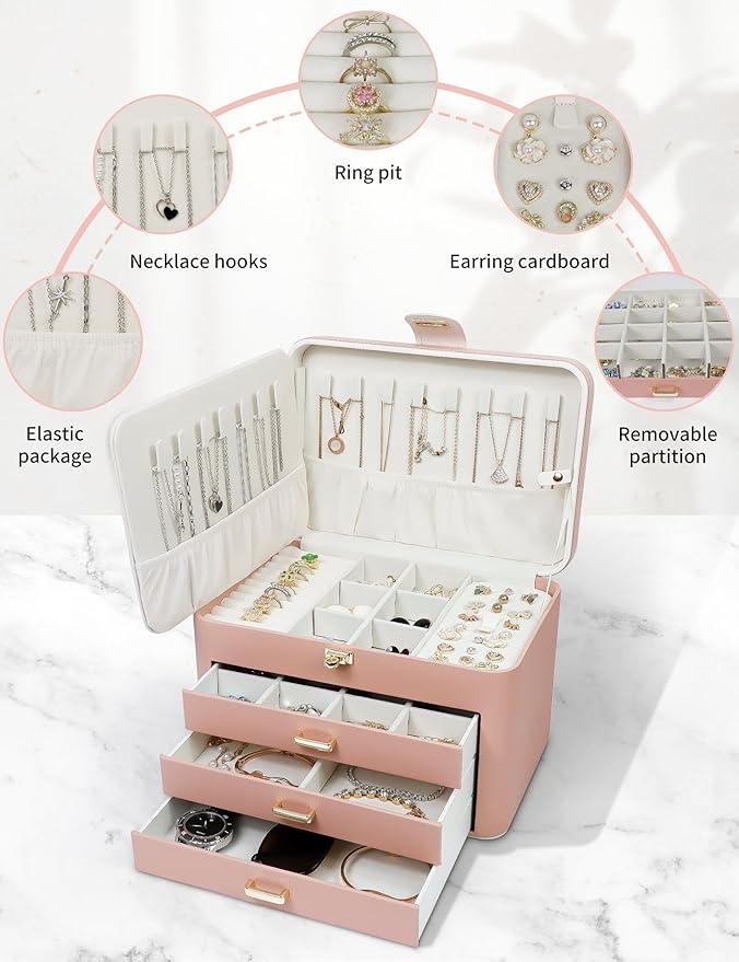 KAMIER Jewelry Organizer Box for Women - 4 Layer Drawer Jewellery Storage with Lock and Mirror - Jewelry Case for Necklaces Rings Bracelets Earring Holder Organizers (Pink)