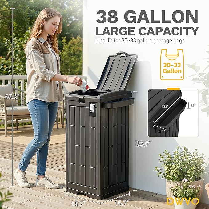 DWVO 38 Gallon Outdoor Trash Can, Set of 2 Resin Garbage Bins with Lids, Includes 2 Sorting Labels, Ash Holder, Stakes & Suction Cups, Hideaway Storage for Patio Backyard Garden, Black
