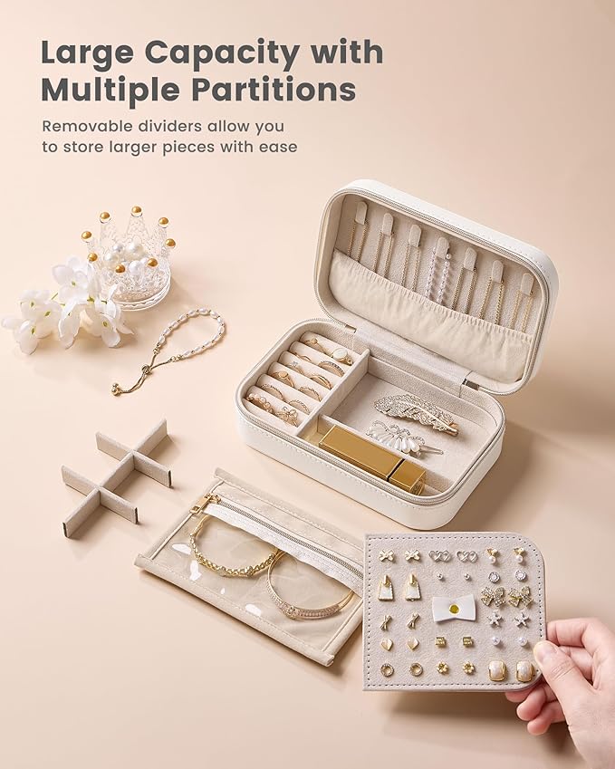 Lolalet Travel Jewelry Case for Women Girls, PU Leather Jewelry Organizer with Clear Storage Bag Small Portable Jewelry Box for Necklace Bracelet Earring Ring Mothers Day Birthday Gifts -Medium/Beige