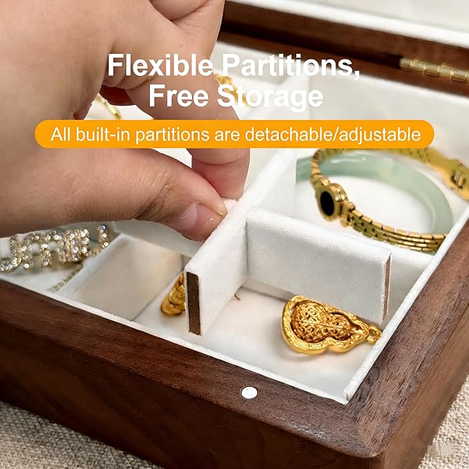 Bescott 1 Layer Solid Black Walnut Wooden Jewelry Box for Women Wood Vintage Organizer for Men Earrings Rings Necklaces Bracelet Watch Storage
