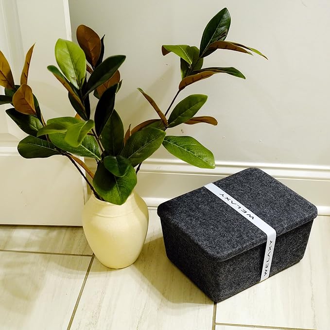 Welaxy felt tray Lid for Storage Bins Drawer Organizer bin cap of box for junk stuff stationery makeup jewelry closet bathroom minimalist lifestyle (Charcoal Lid, M)
