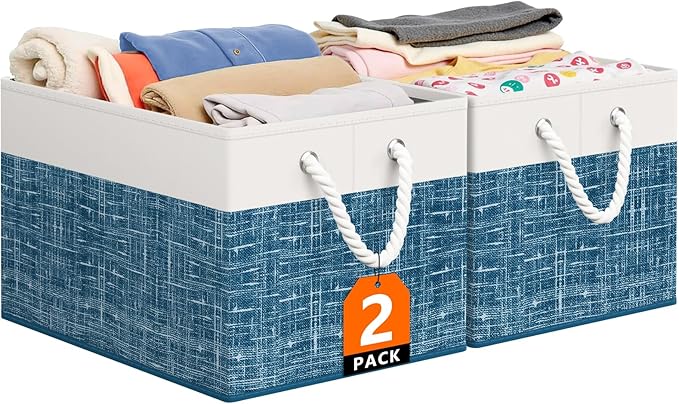 StorageTastic Storage Bin,Collapsible Storage Basket For Organizing,Large Storage Boxes With Rope Handles,Storage Containers,White & Blue,2 Pack