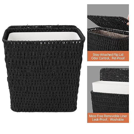 Coeusy 3 Gallon Paper Rope Bathroom Trash Can,Small Wicker Trash Cans with Lid and Liner,Woven Rattan Narrow Waste Basket for Bedroom,Office,Black