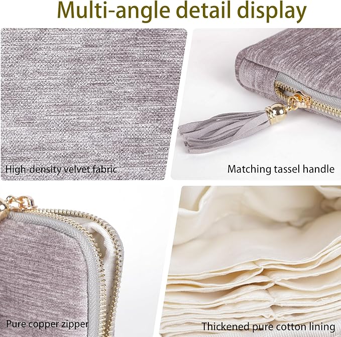 ASINGYER Travel Jewelry Storage Bag for Women, Velvet Portable Jewelry Organizer with Tassel Zipper, Small Pouches for Bracelets Necklaces Rings Earrings, Wedding Gift for Women (silver)