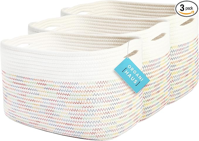 OrganiHaus Set of 3 Rainbow Baskets - Colorful Woven Storage Baskets for Playroom, Nursery & Classroom Decor, Toy Storage, Rainbow Stitches, 15x9x10
