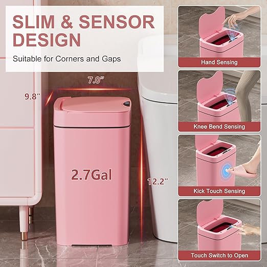 Vanpopubs 2 Pack 2.7 Gal Bathroom Trash Can with Lid, Automatic Trash Can Small Smart Garbage Can Touchless, Slim Motion Sensor Waterproof Plastic Trash Bins for Bedroom Office Kitchen Toilet Pink