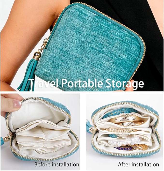ASINGYER Travel Jewelry Storage Bag for Women, Velvet Portable Jewelry Organizer with Tassel Zipper, Small Pouches for Bracelets Necklaces Rings Earrings, Wedding Gift for Women (Sky blue)