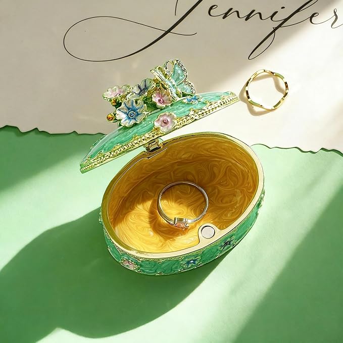 YU FENG Enamel Butterfly Trinket Box Jewelry Organizer, Decorative Hinged Keepsake Box – Green Floral Butterfly Box