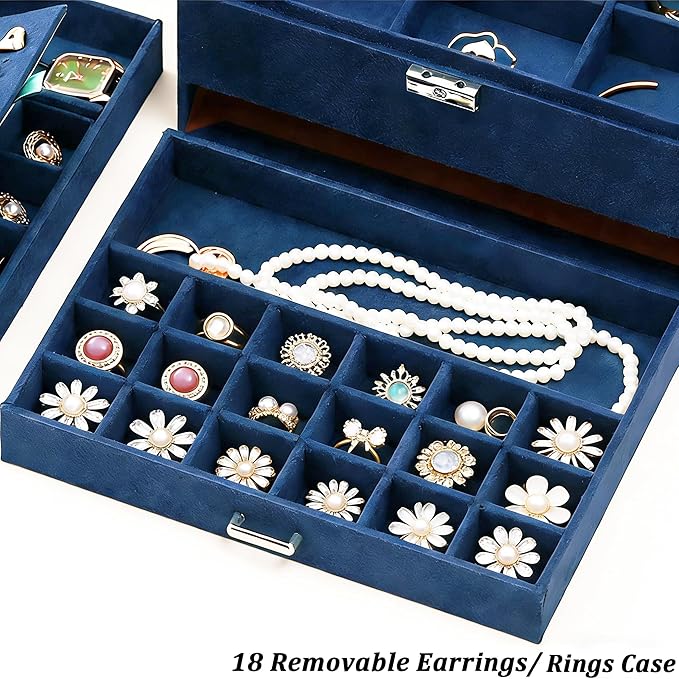 QBestry 3-Layer Jewelry Box for Women with Lock and Key & Drawer, Large Jewelry Organizer with 8 Necklace Hooks & 56 Earring Holes, Navy Velvet Jewelry Storage Box for Necklaces Earrings Ring Bracelet