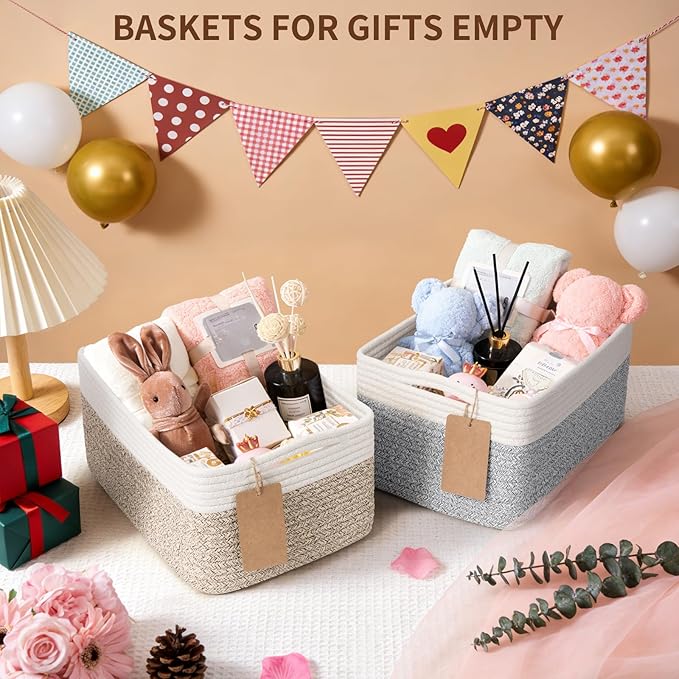 Goodpick 4 Pack Storage Baskets for Shelves, Rectangle Woven Baskets for Organizing, Decorative Closet Bins with Handles, Shelf Basket for Baby Toy Storage, 13''L x 8''W x 6''H, Gray & White