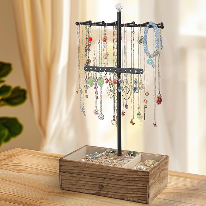 Meangood Jewelry Organizer Stand, 3-Tier Necklace Holder Jewelry Tree with Wooden Storage Drawer Box for Necklace Bracelet Earring Ring, Carbonized Black