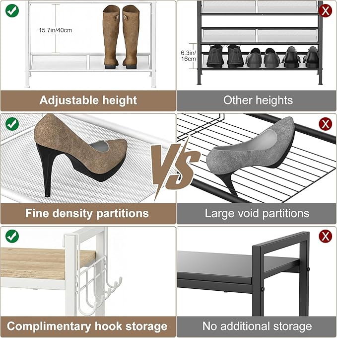 Refrze Shoe Rack for Front Door Entrance, 5 Tier Height-Adjustable Metal Shoe Rack, Sturdy Wooden Top and Tiltable Steel Frame Heavy Duty Shoe Organizer for Bathroom,Bedroom,Kitchen，Include Hook