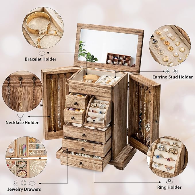 Jewelry Box for Women, Rustic Wooden Jewelry Boxes & Organizers with Mirror & Drawers,6 Layer Jewelry Organizer Box for Rings Earrings Necklaces Bracelets (Carbonized Black)