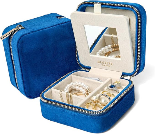 BLUTETE Travel Jewelry Box Organizer Velvet Travel Case With Mirror Ring Earrings Necklaces Storage Organizer Box (Midnight Blue)