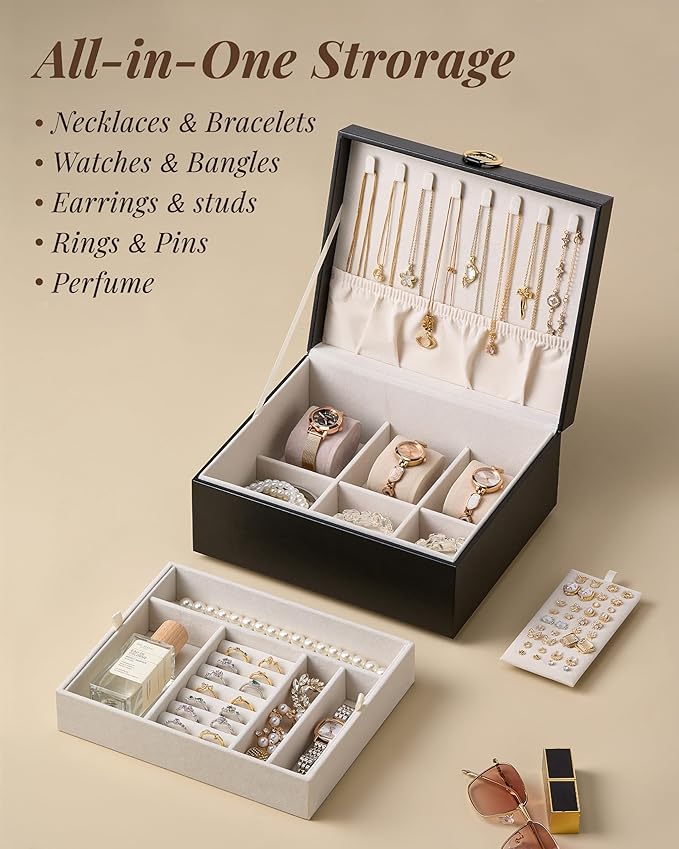 pickpiff 2 Layer Jewelry Box Organizer for Women, Jewelry Organizer with Handle & Removable Tray, Necklace Holder Ring Earring Storage, Velvet Lined Jewelry Case for Home or Travel, Gift Ready, Black