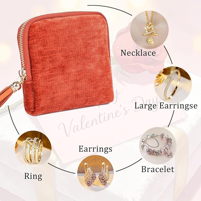 ASINGYER Travel Jewelry Storage Bag for Women, Velvet Portable Jewelry Organizer with Tassel Zipper, Small Pouches for Bracelets Necklaces Rings Earrings, Wedding Gift for Women (orange)